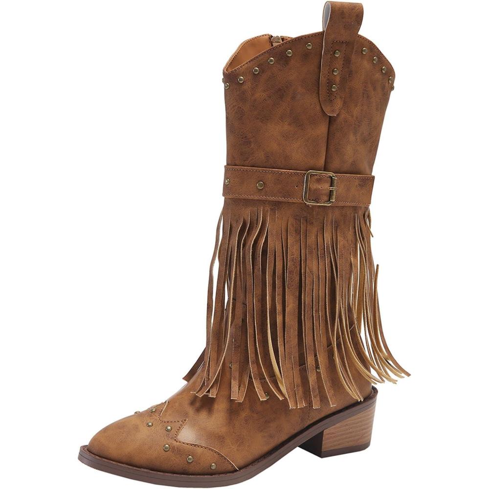 image:imageGenerisch Western Bottines de cowboy pour femme avec franges talon bloc bottes western boucle de ceinture bottes dquitation bottines vintage bottes de transition westernMarron