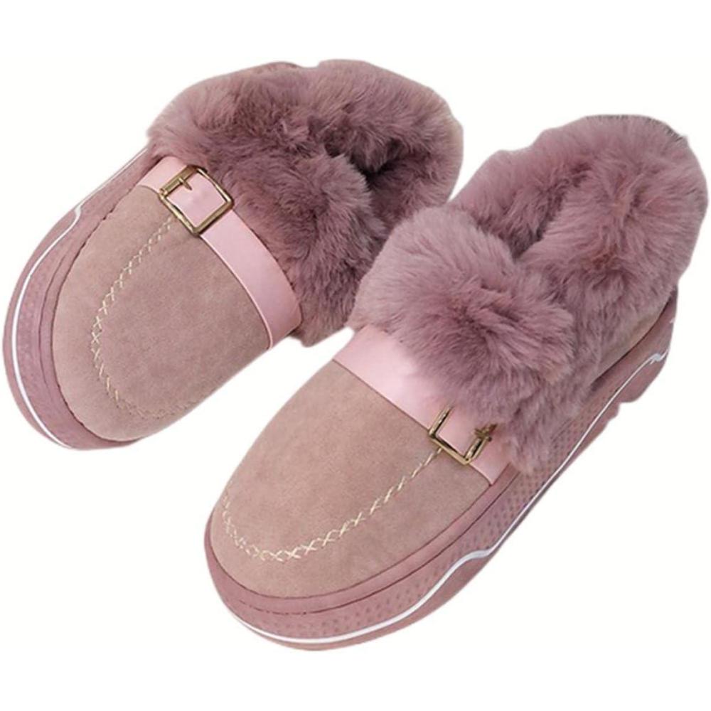 image:imageHIHELO Chaussures dhiver en peluche pour femme Chaussures plates antidrapantes et chaudes Bottes de neige plates confortables4668 Rose