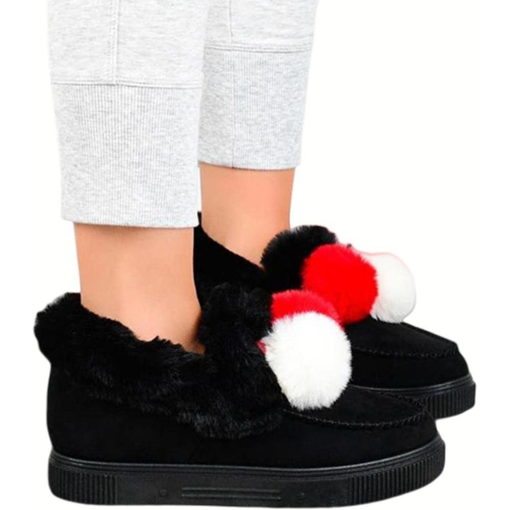 image:imageHIHELO Chaussures dhiver en peluche pour femme Chaussures plates antidrapantes et chaudes Bottes de neige plates confortables9373 Noir
