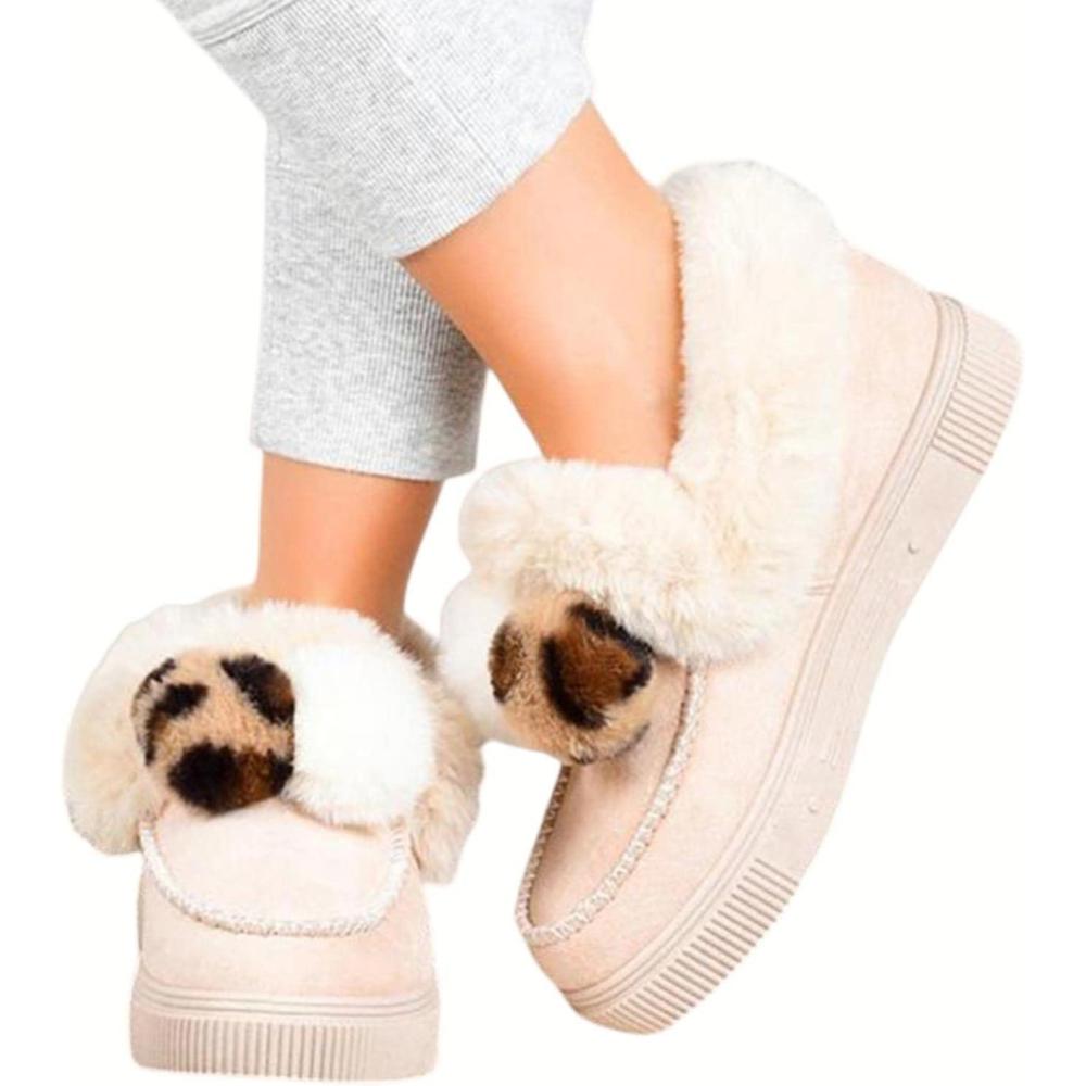 image:imageHIHELO Chaussures dhiver en peluche pour femme Chaussures plates antidrapantes et chaudes Bottes de neige plates confortables9373beige