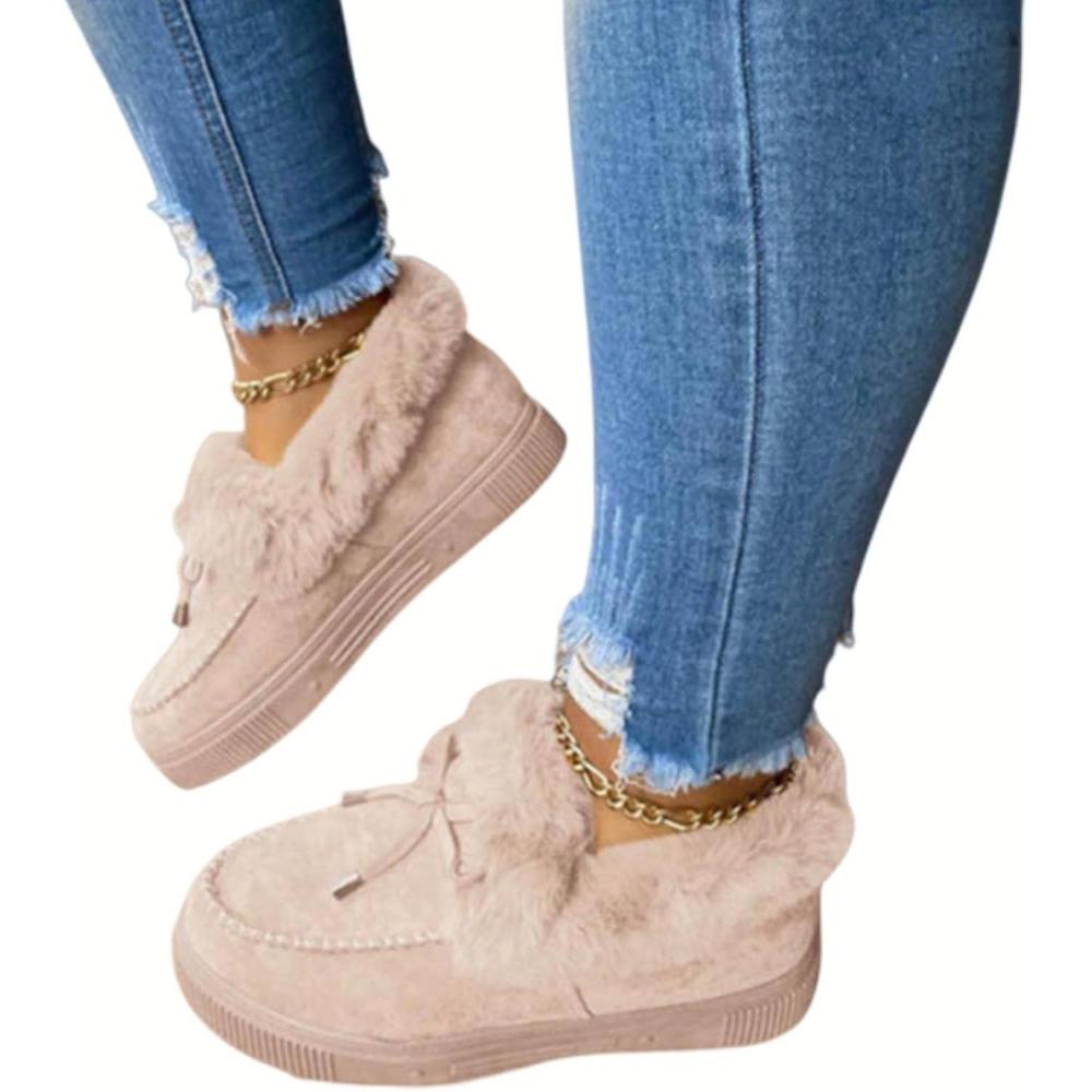 image:imageHIHELO Chaussures dhiver en peluche pour femme Chaussures plates antidrapantes et chaudes Bottes de neige plates confortablesBeige