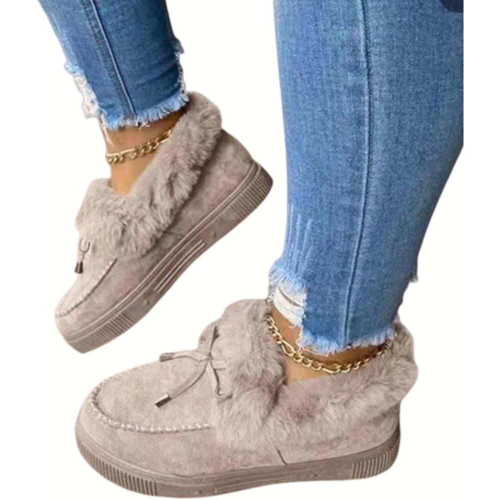 image:imageHIHELO Chaussures dhiver en peluche pour femme Chaussures plates antidrapantes et chaudes Bottes de neige plates confortablesGris