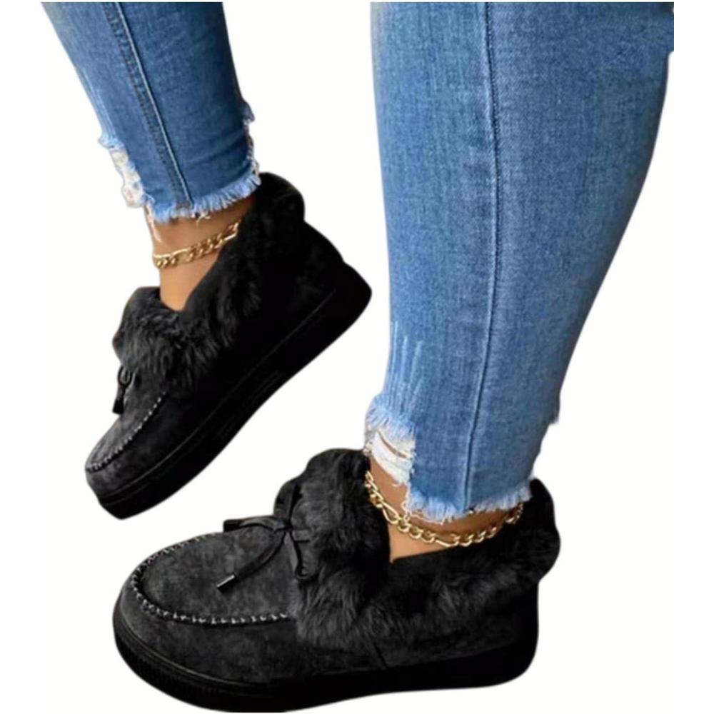 image:imageHIHELO Chaussures dhiver en peluche pour femme Chaussures plates antidrapantes et chaudes Bottes de neige plates confortablesNoir