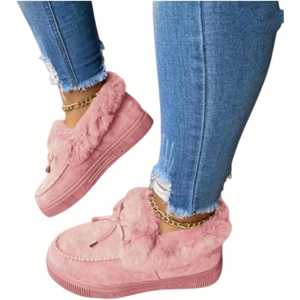 image:imageHIHELO Chaussures dhiver en peluche pour femme Chaussures plates antidrapantes et chaudes Bottes de neige plates confortablesRose