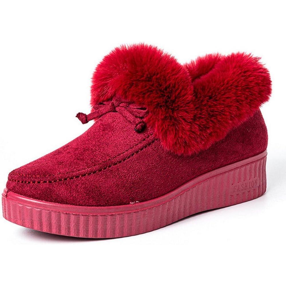 image:imageHIHELO Chaussures dhiver en peluche pour femme Chaussures plates antidrapantes et chaudes Bottes de neige plates confortablesRouge 2810
