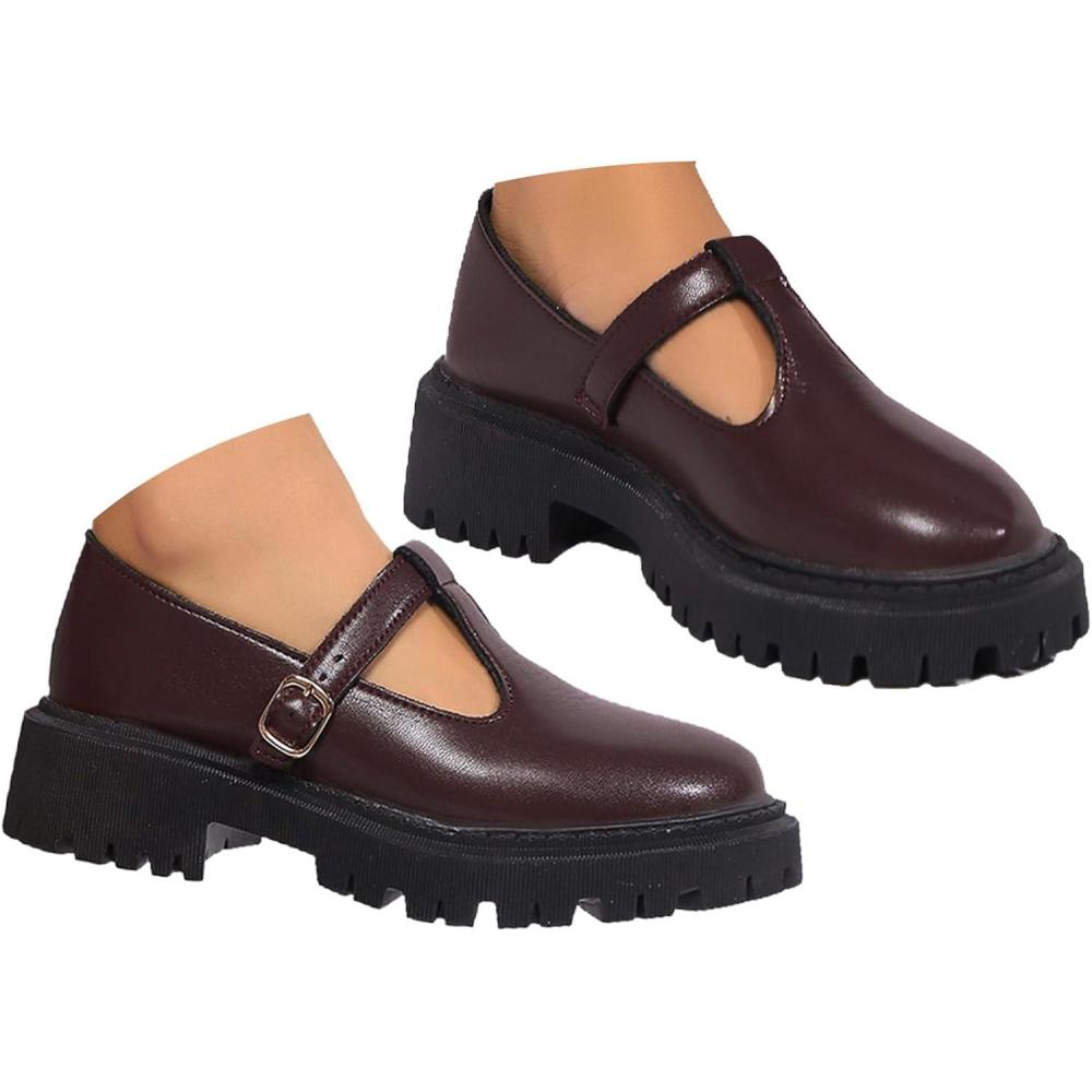 image:imageMary Jane Chaussures classiques bride en T pour femme Chaussures plates en cuir PU Chaussures habilles pour le travail de bureauBordeaux