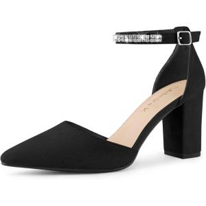 Allegra K Escarpins à talons épais à bout pointu avec strass et sangle de cheville pour femme, Noir , 40 EU