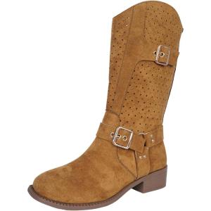 Bottes de cowboy pour femme avec rivets et boucle | Bottes western mi-mollet avec talon bloc pour festival et fête de style rock(Style Q02 Marron)
