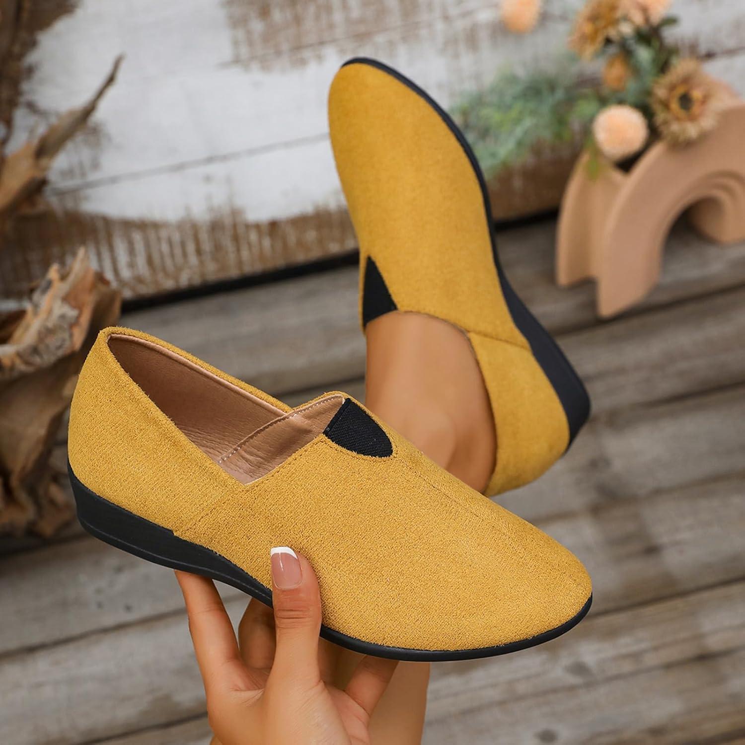 image:imageBallerines plates talon compens bout rond pour femme Confortables Dcontractes Pour le travail le bureauJaune