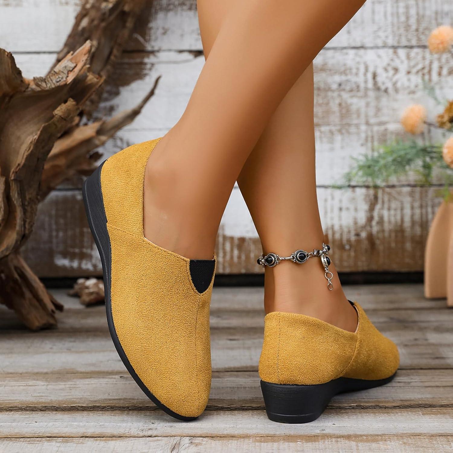 image:imageBallerines plates talon compens bout rond pour femme Confortables Dcontractes Pour le travail le bureauJaune