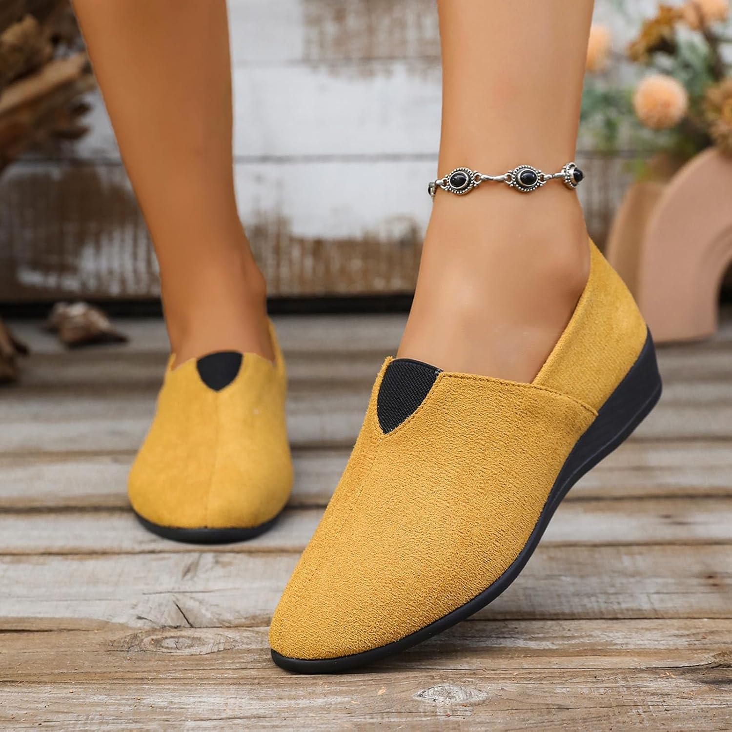 image:imageBallerines plates talon compens bout rond pour femme Confortables Dcontractes Pour le travail le bureauJaune