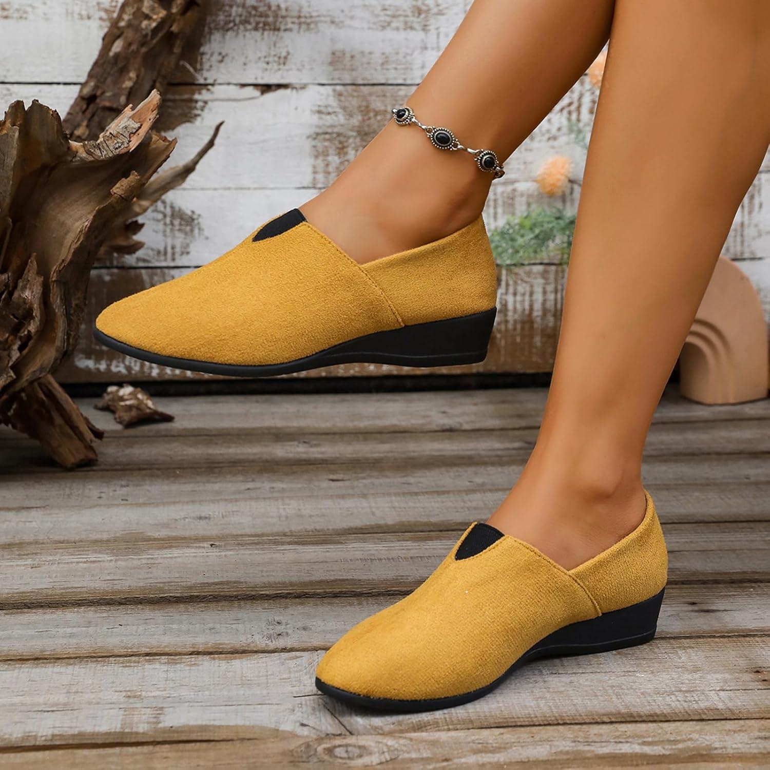 image:imageBallerines plates talon compens bout rond pour femme Confortables Dcontractes Pour le travail le bureauJaune