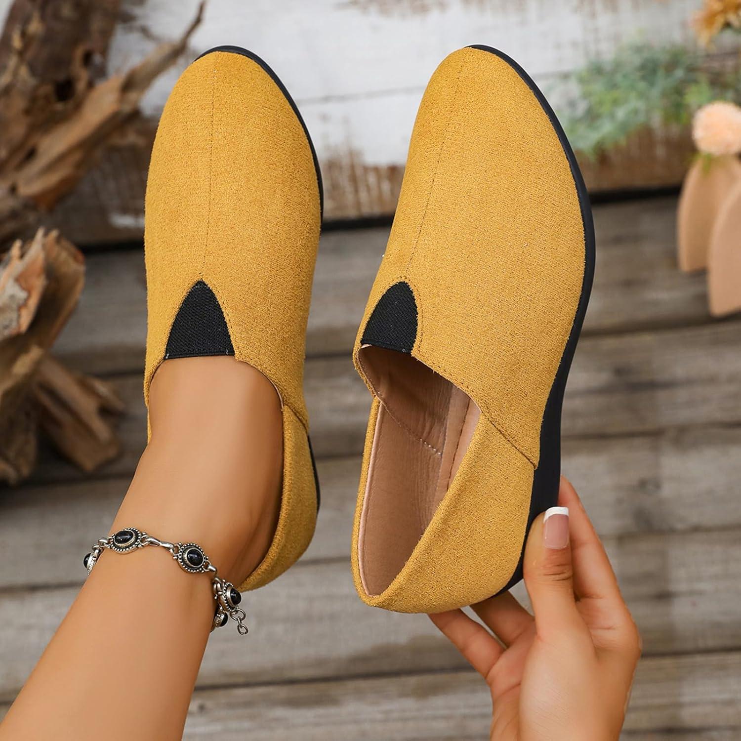 image:imageBallerines plates talon compens bout rond pour femme Confortables Dcontractes Pour le travail le bureauJaune