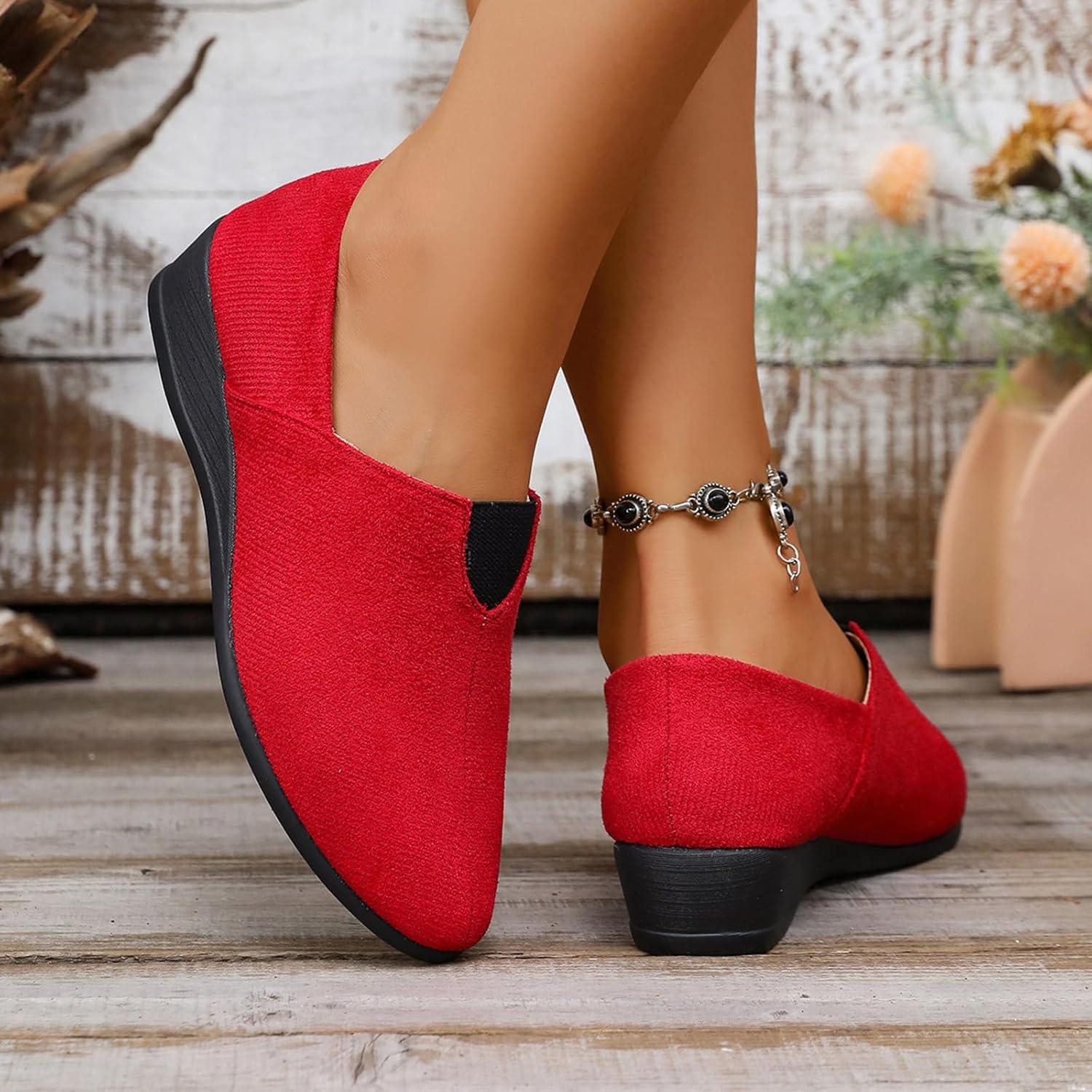 image:imageBallerines plates talon compens bout rond pour femme Confortables Dcontractes Pour le travail le bureauRouge