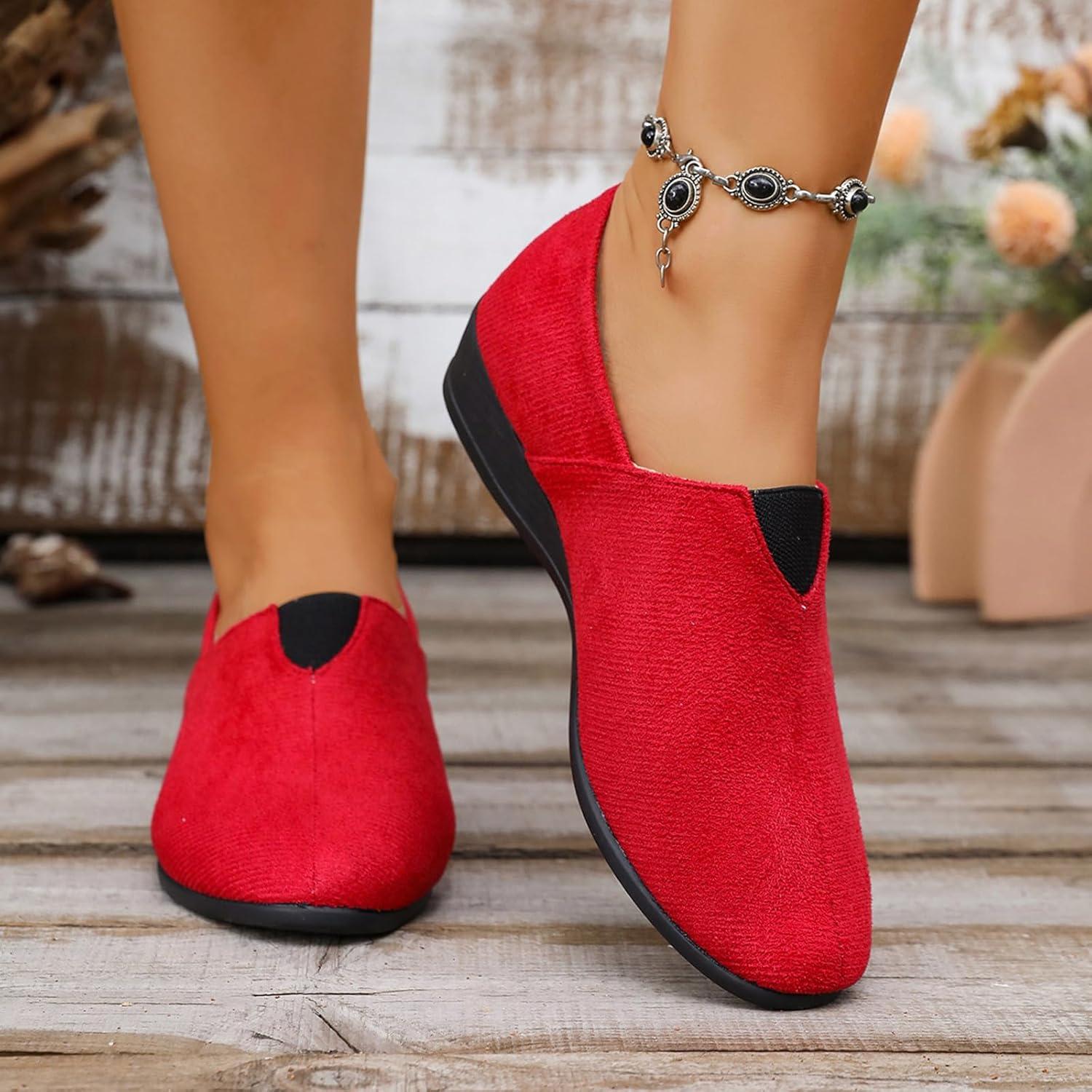 image:imageBallerines plates talon compens bout rond pour femme Confortables Dcontractes Pour le travail le bureauRouge