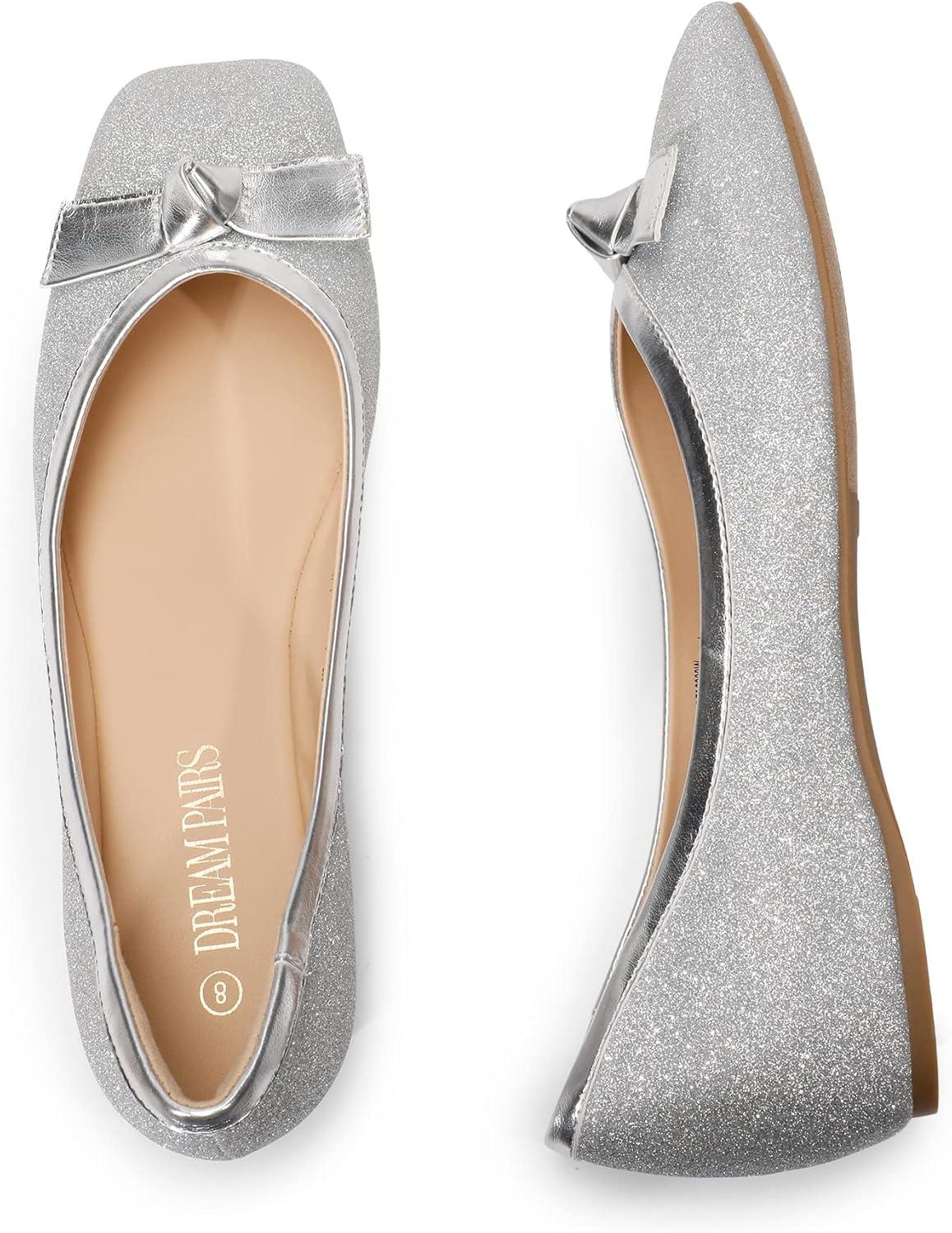 image:imageDREAM PAIRS Ballerines Femme Petit Talon Compens Bout Carr Confortable Chaussures lgantes pour Mariage Crmonie Soire ou BureauArgent Glitter