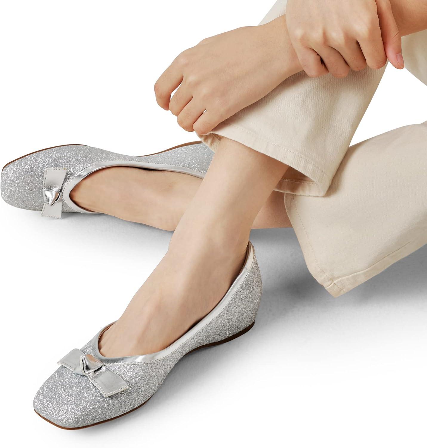 image:imageDREAM PAIRS Ballerines Femme Petit Talon Compens Bout Carr Confortable Chaussures lgantes pour Mariage Crmonie Soire ou BureauArgent Glitter