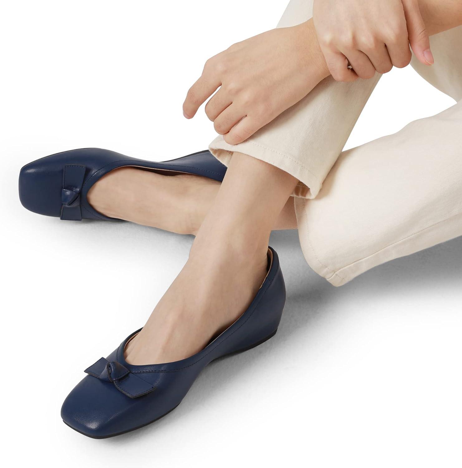 image:imageDREAM PAIRS Ballerines Femme Petit Talon Compens Bout Carr Confortable Chaussures lgantes pour Mariage Crmonie Soire ou BureauMarine