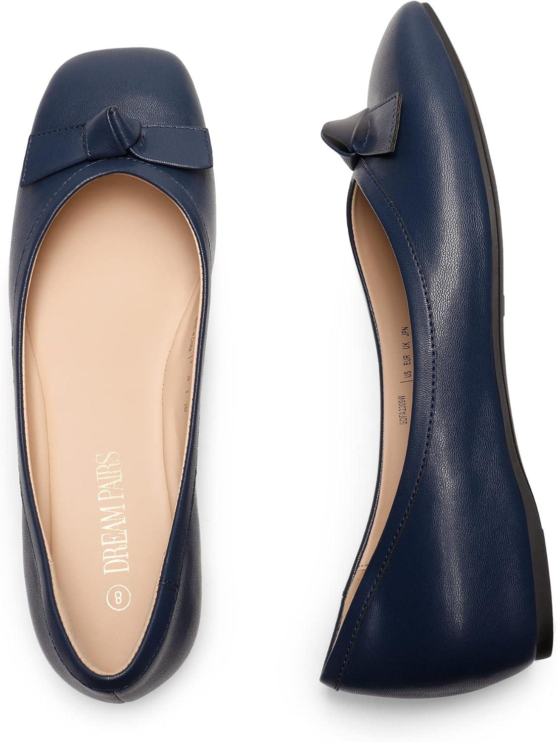 image:imageDREAM PAIRS Ballerines Femme Petit Talon Compens Bout Carr Confortable Chaussures lgantes pour Mariage Crmonie Soire ou BureauMarine