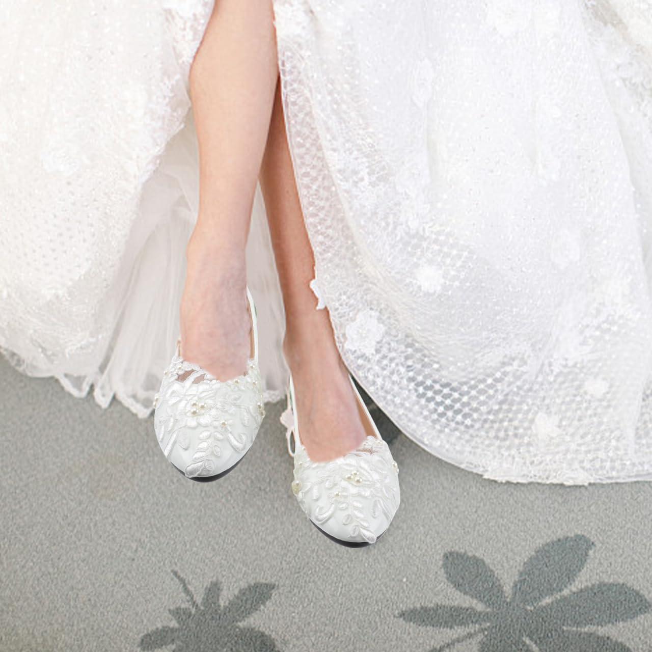 image:imageHealvian 1paire Chaussures De Mariage Plates pour Femmes Dentelle Et Perles Ballerines Blanches lgantes pour Crmonies Et Vie Quotidienne