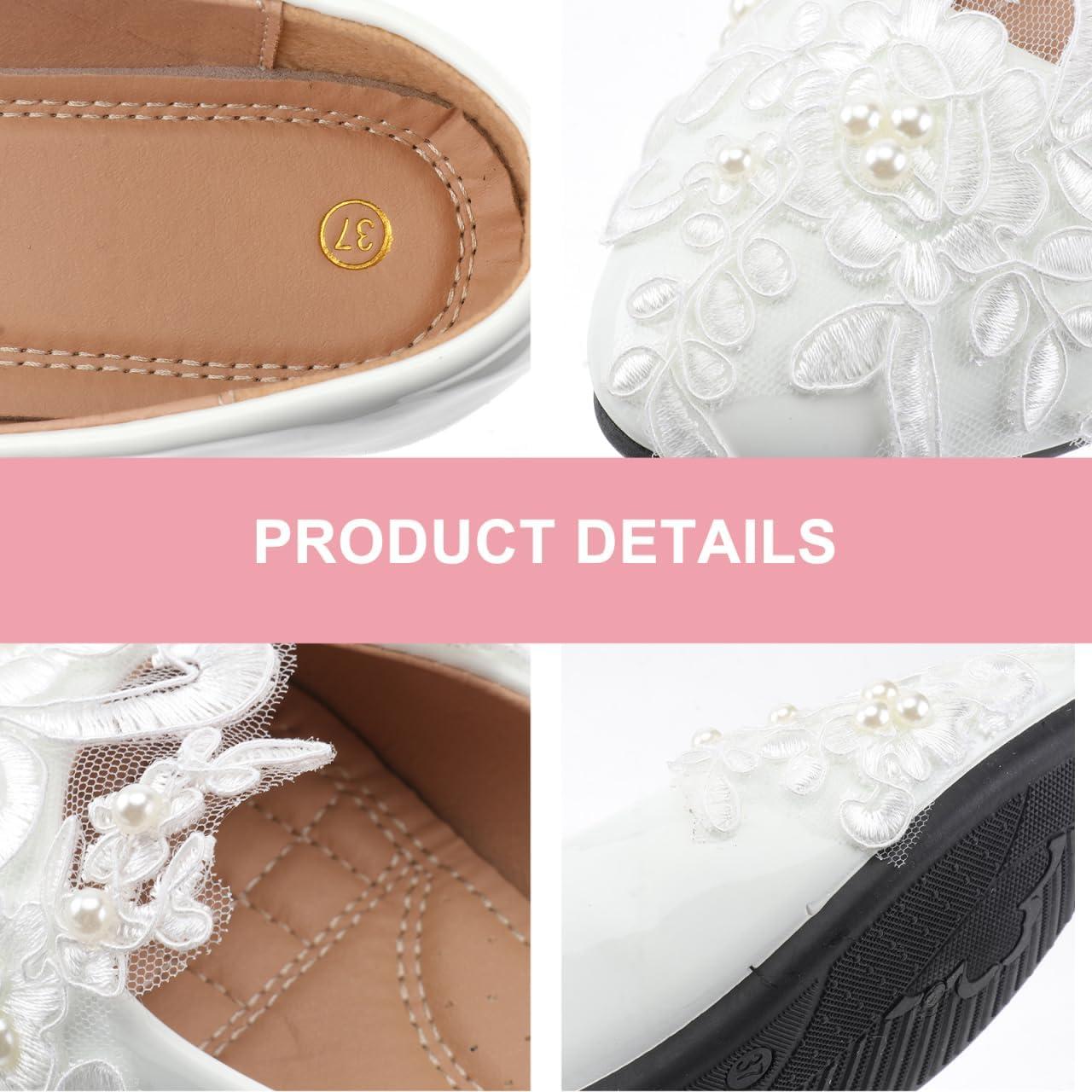 image:imageHealvian 1paire Chaussures De Mariage Plates pour Femmes Dentelle Et Perles Ballerines Blanches lgantes pour Crmonies Et Vie Quotidienne