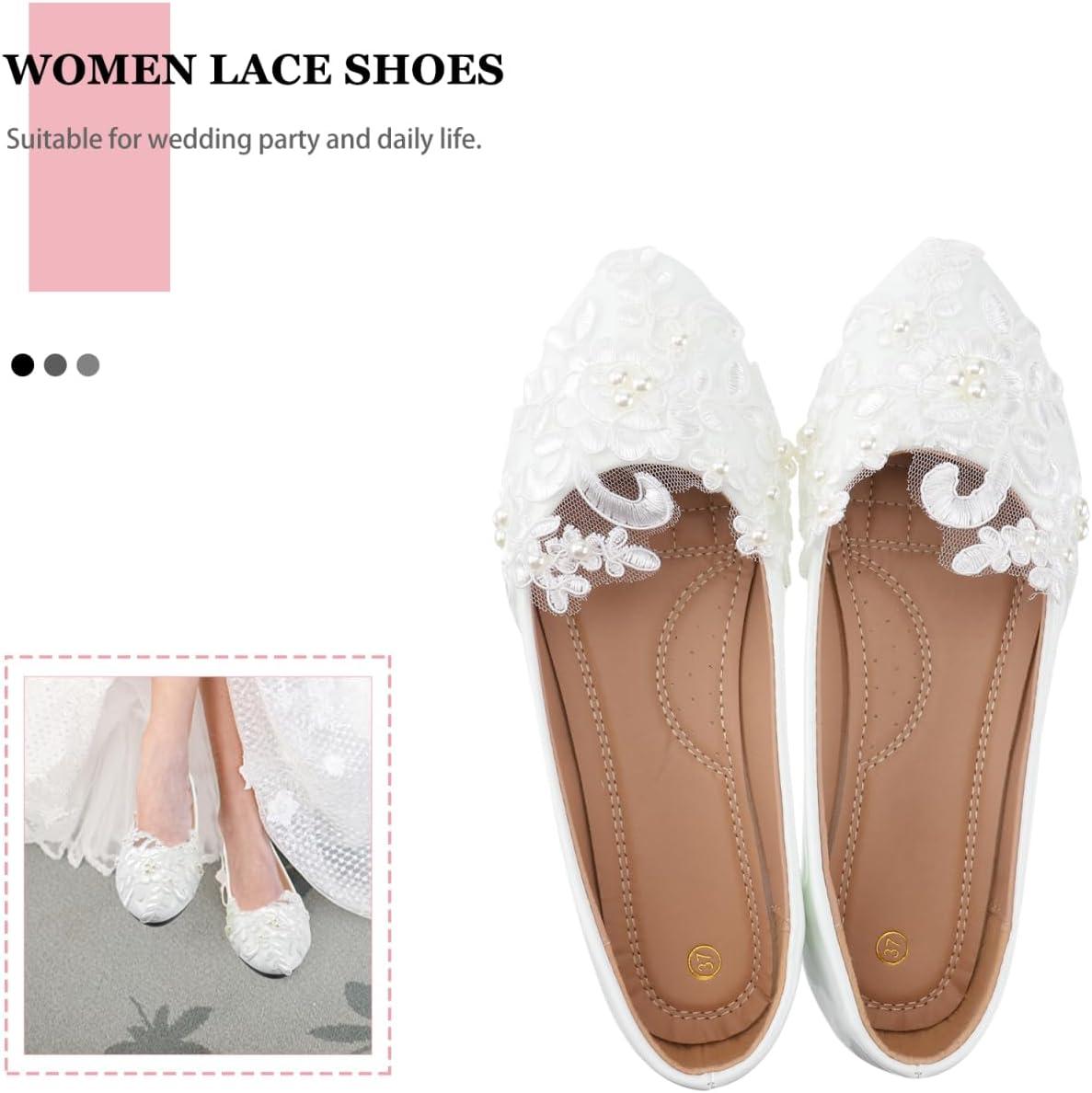 image:imageHealvian 1paire Chaussures De Mariage Plates pour Femmes Dentelle Et Perles Ballerines Blanches lgantes pour Crmonies Et Vie Quotidienne