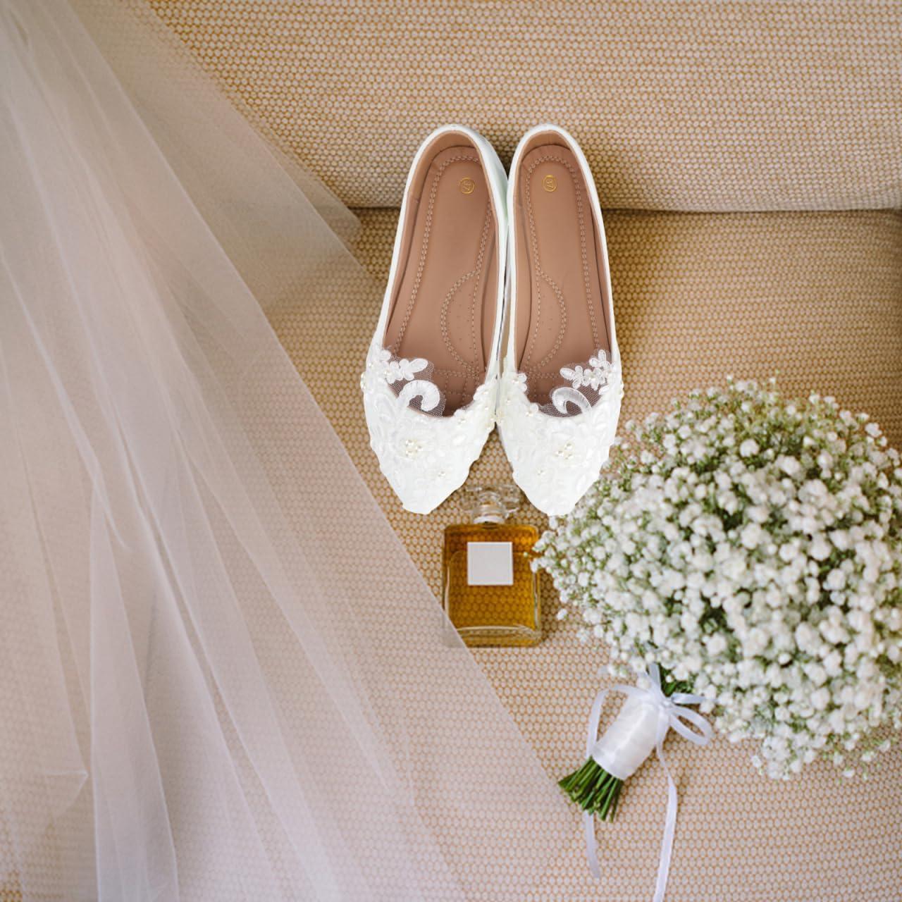 image:imageHealvian 1paire Chaussures De Mariage Plates pour Femmes Dentelle Et Perles Ballerines Blanches lgantes pour Crmonies Et Vie Quotidienne