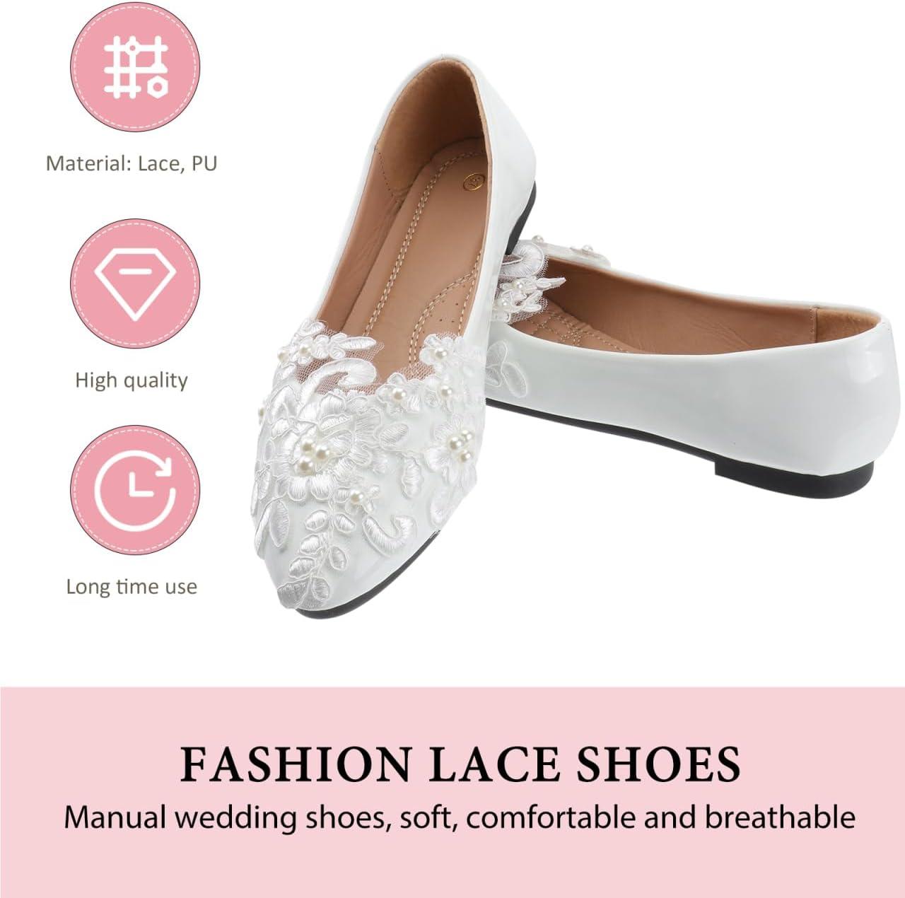 image:imageHealvian 1paire Chaussures De Mariage Plates pour Femmes Dentelle Et Perles Ballerines Blanches lgantes pour Crmonies Et Vie Quotidienne