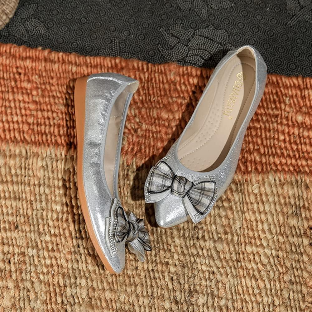 image:imageMACHSWON Ballerines plates scintillantes et confortables bout pointu avec nud papillon pour femmeArgent 03