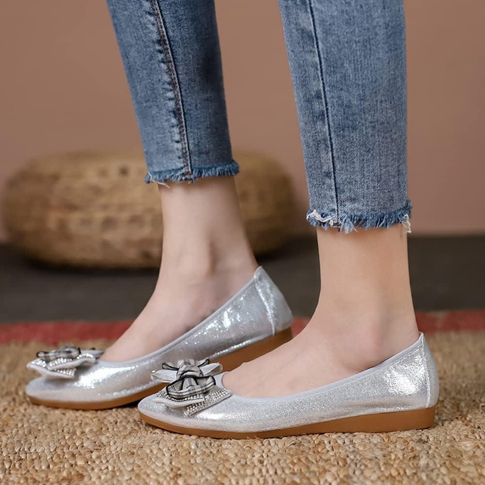 image:imageMACHSWON Ballerines plates scintillantes et confortables bout pointu avec nud papillon pour femmeArgent 03