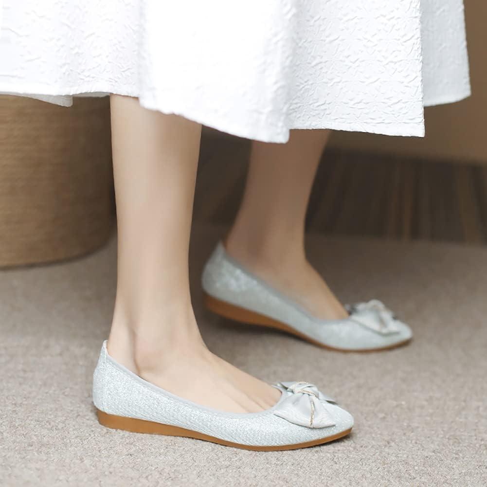 image:imageMACHSWON Ballerines plates scintillantes et confortables bout pointu avec nud papillon pour femmeArgent 6