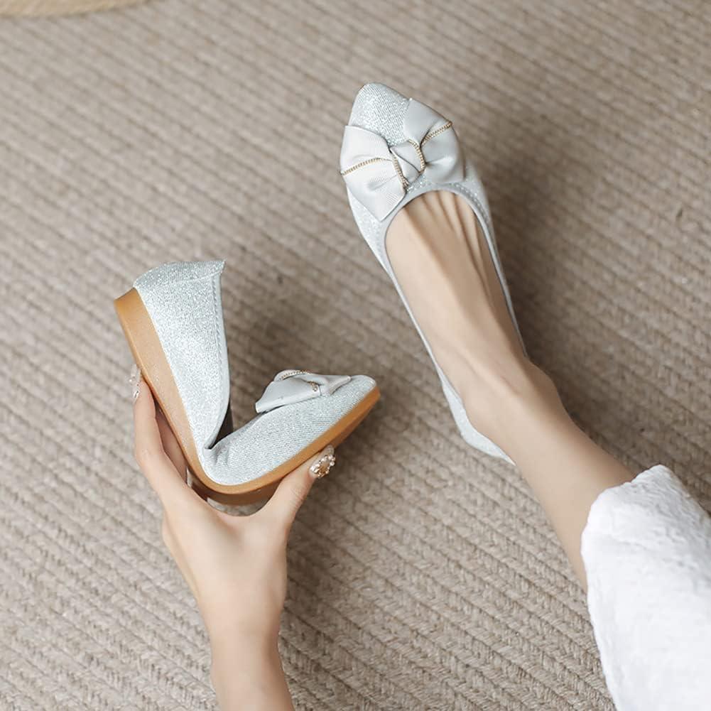 image:imageMACHSWON Ballerines plates scintillantes et confortables bout pointu avec nud papillon pour femmeArgent 6