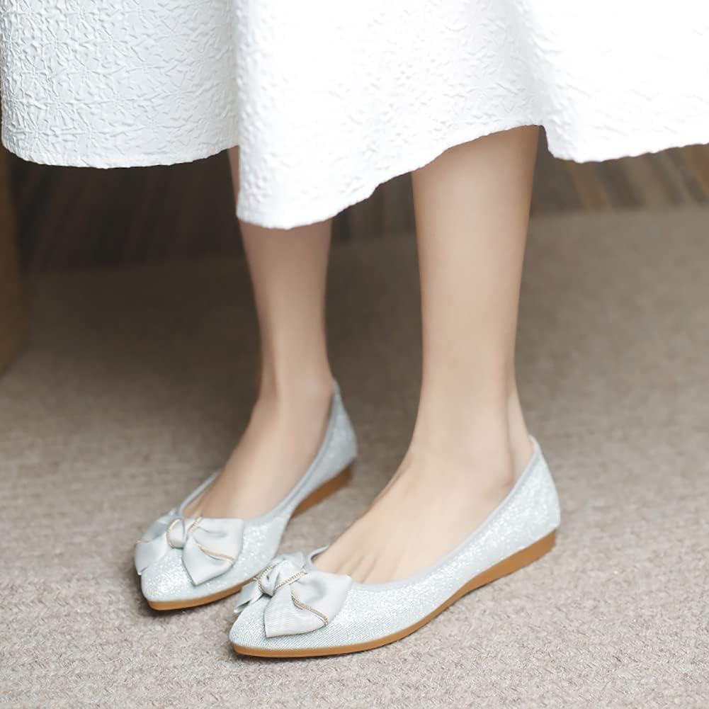 image:imageMACHSWON Ballerines plates scintillantes et confortables bout pointu avec nud papillon pour femmeArgent 6
