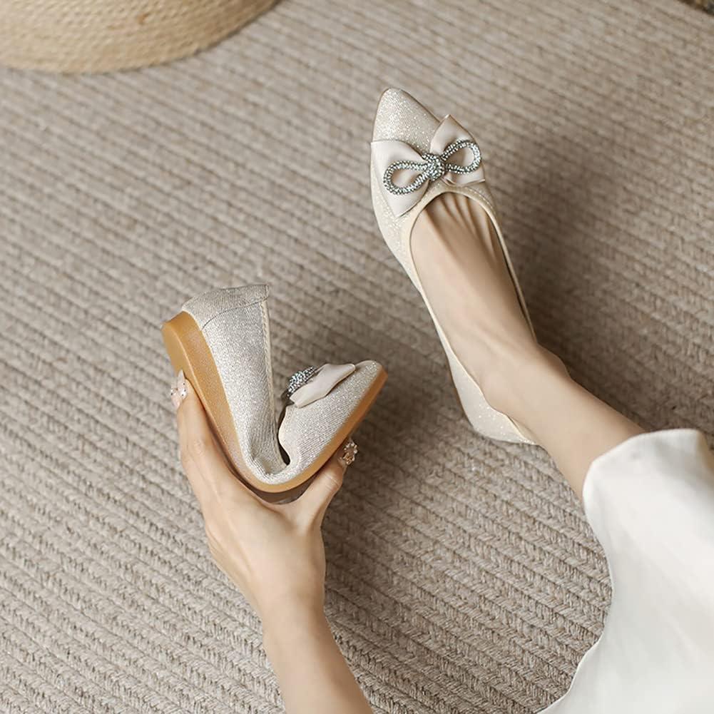 image:imageMACHSWON Ballerines plates scintillantes et confortables bout pointu avec nud papillon pour femmeOr 7