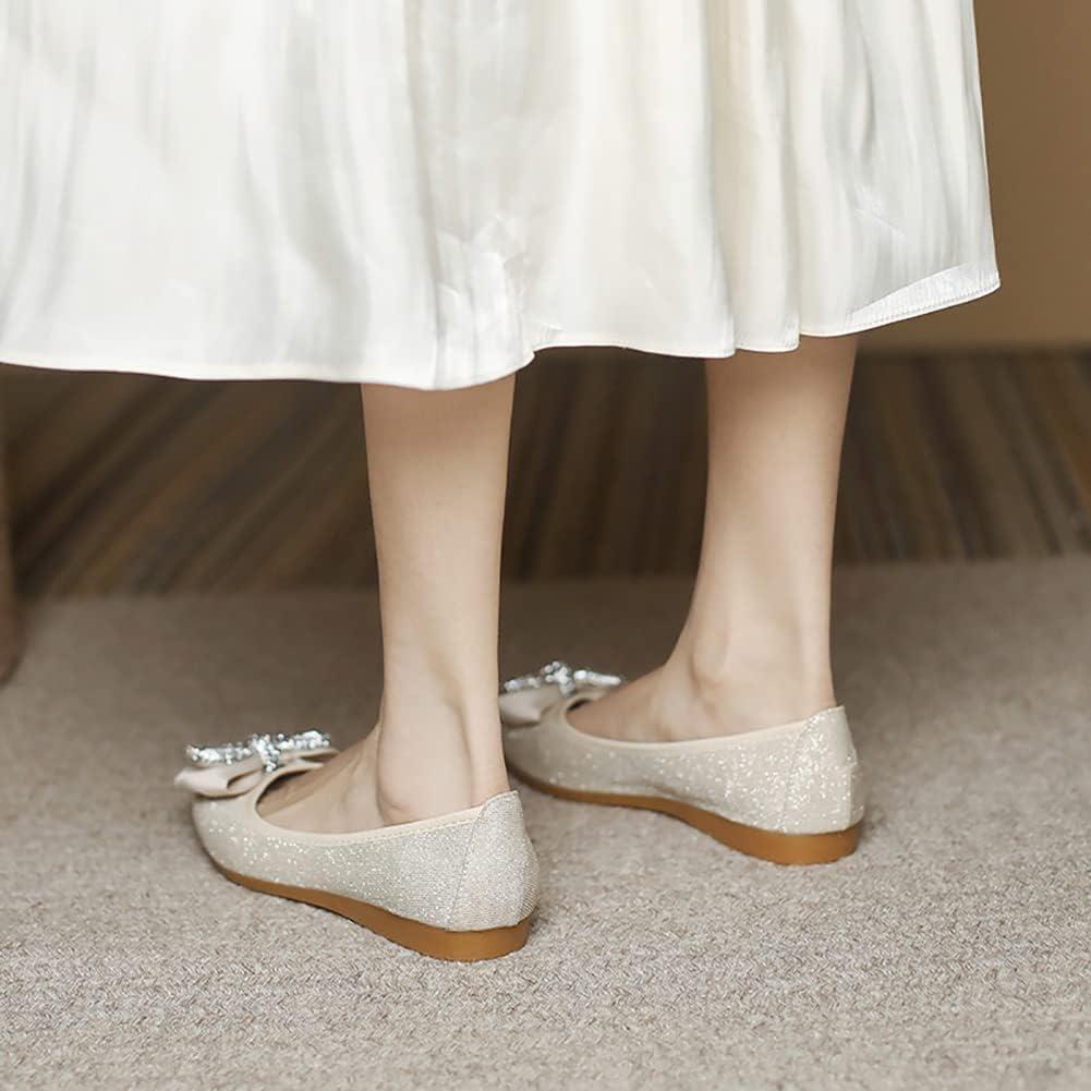 image:imageMACHSWON Ballerines plates scintillantes et confortables bout pointu avec nud papillon pour femmeOr 8