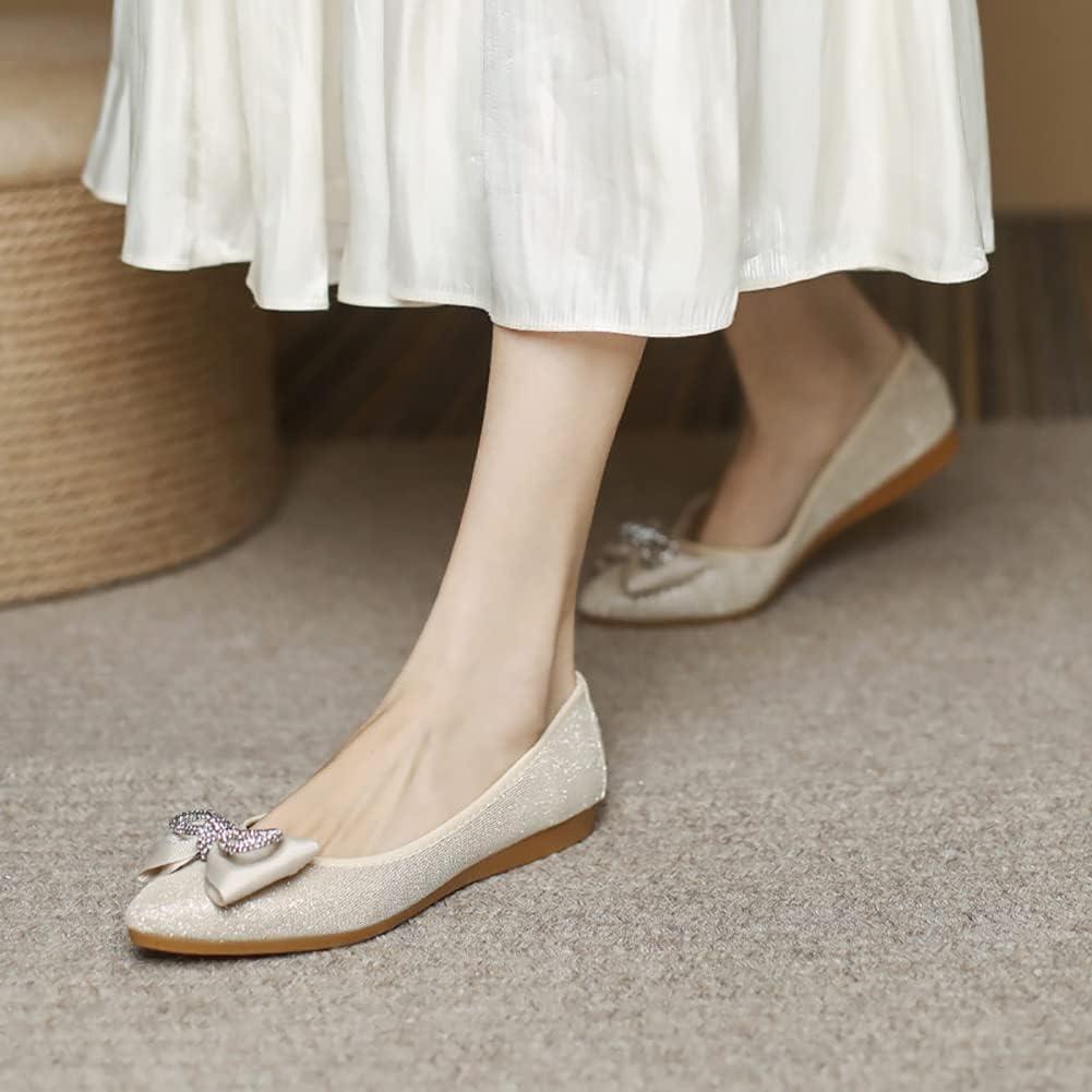 image:imageMACHSWON Ballerines plates scintillantes et confortables bout pointu avec nud papillon pour femmeOr 8