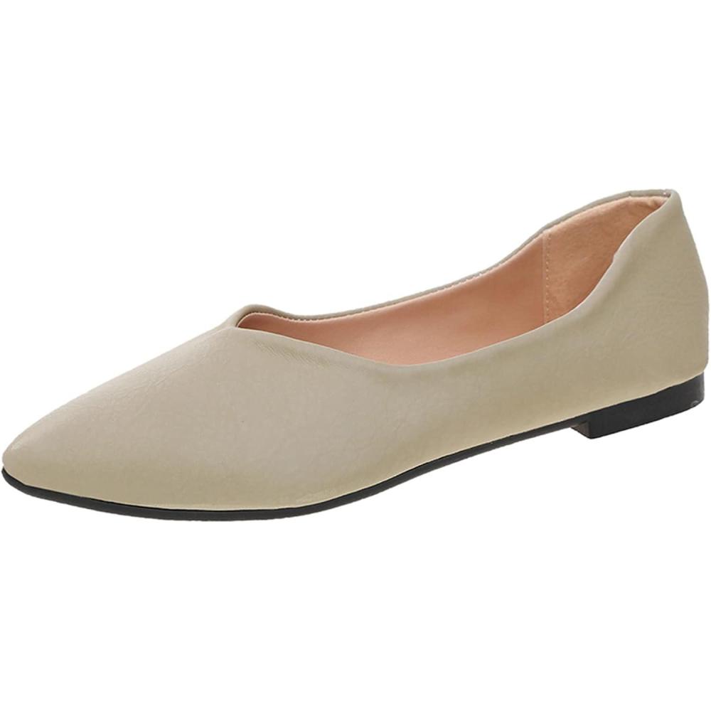 image:imageBallerines dt en cuir pour femme Chaussures dt enfiler Ballerines plates Bout plat Chaussures de soire fermes Bouche plate Chaussures de fte Aspect cuir Chaussures de marieBeige