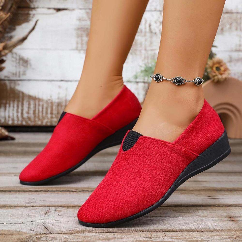 image:imageBallerines plates talon compens bout rond pour femme Confortables Dcontractes Pour le travail le bureauRouge