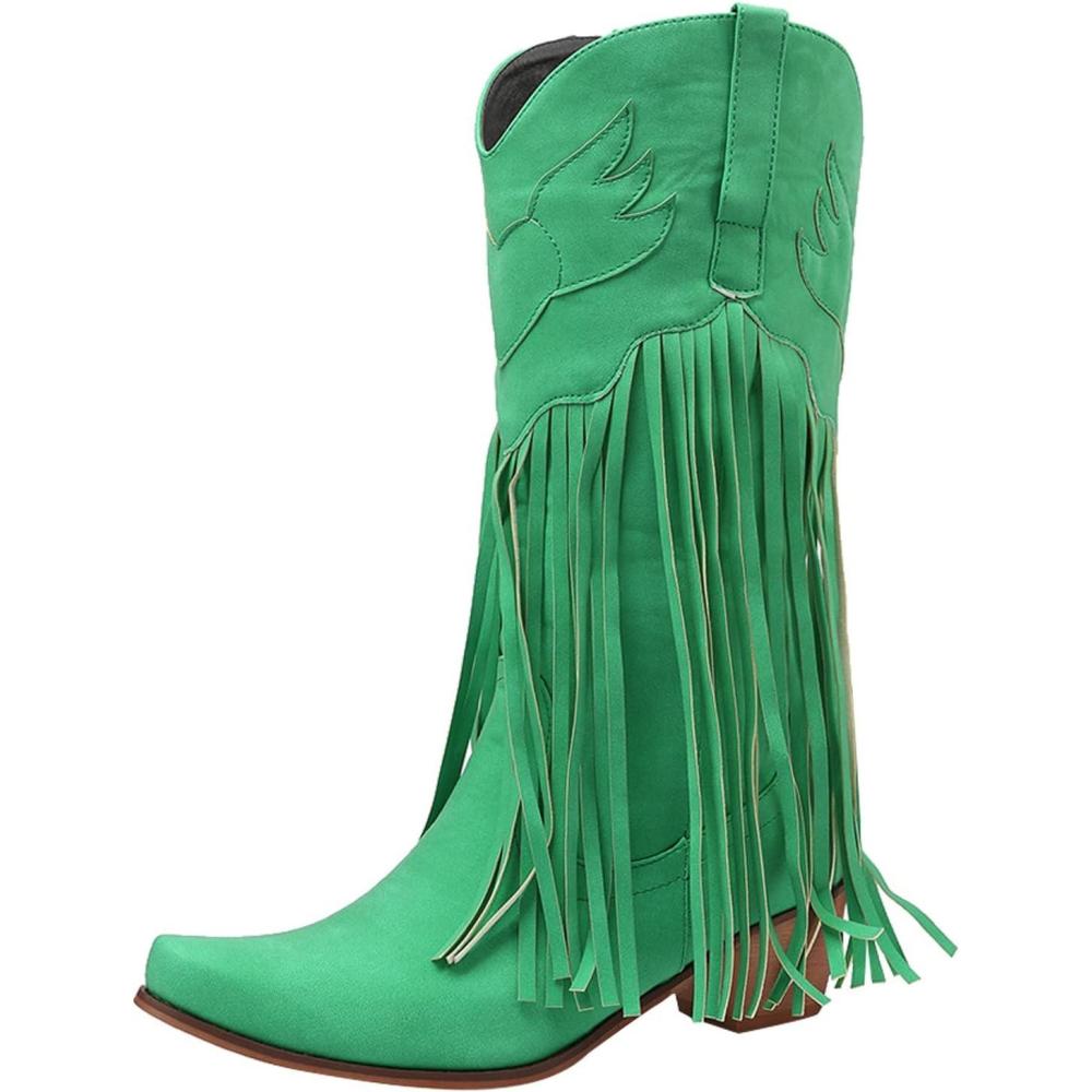 image:imageBottes pour Femme Bottine Talon Chaussures Pieds Larges Western Equitation Cowgirl Cuissarde Chaussure Cheval Vintage Confort Chic Boots Medieval Classique Santiag Moto Disco BottinesGreen