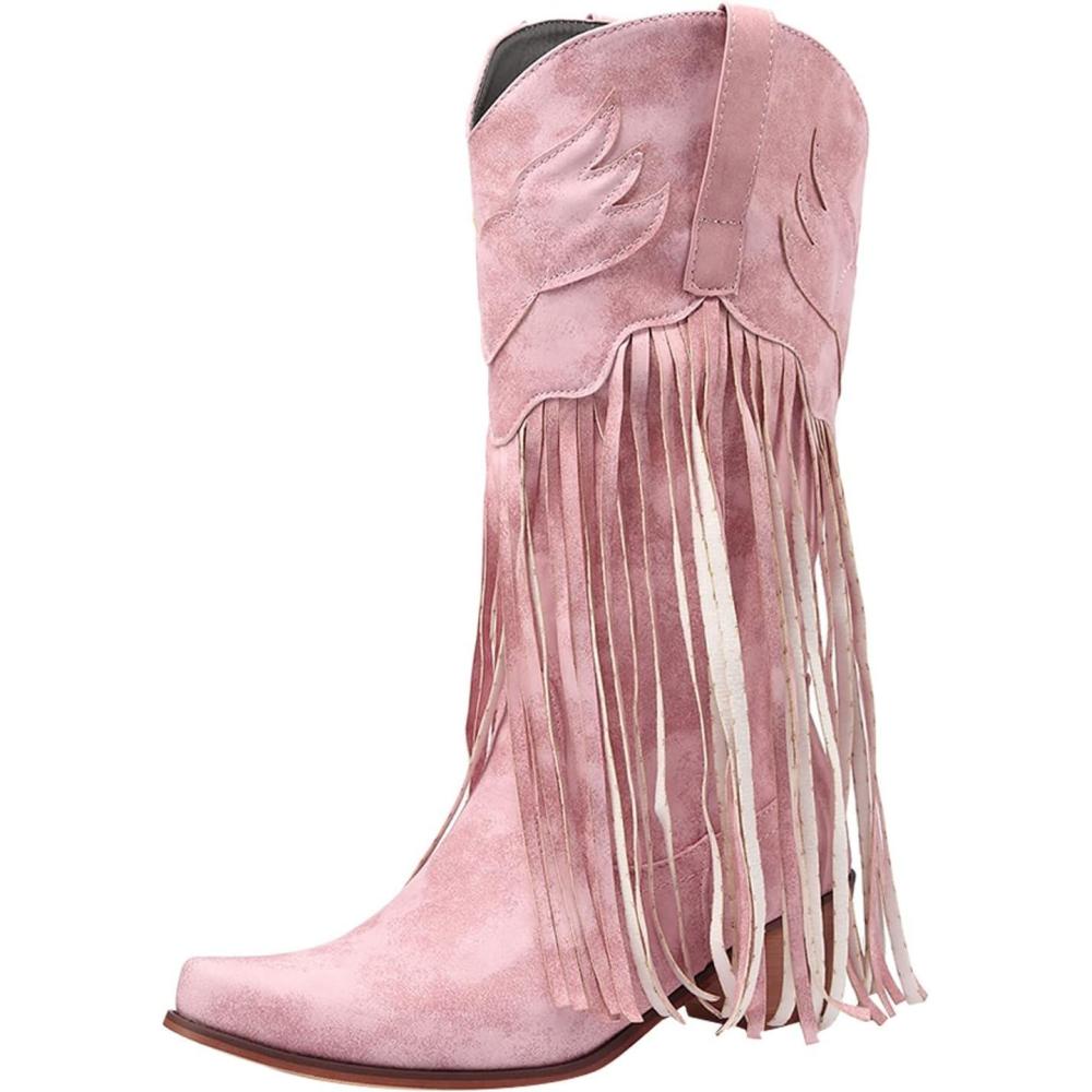 image:imageBottes pour Femme Bottine Talon Chaussures Pieds Larges Western Equitation Cowgirl Cuissarde Chaussure Cheval Vintage Confort Chic Boots Medieval Classique Santiag Moto Disco BottinesPink