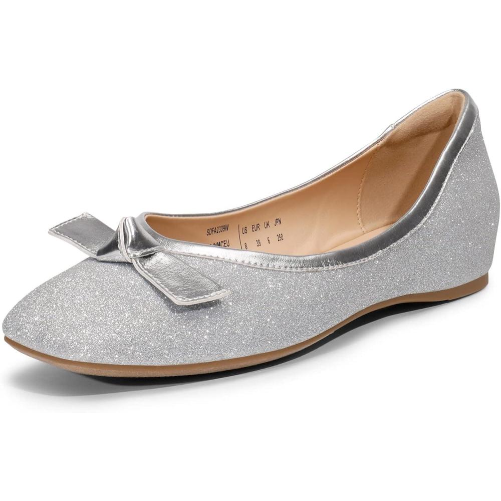 image:imageDREAM PAIRS Ballerines Femme Petit Talon Compens Bout Carr Confortable Chaussures lgantes pour Mariage Crmonie Soire ou BureauArgent Glitter