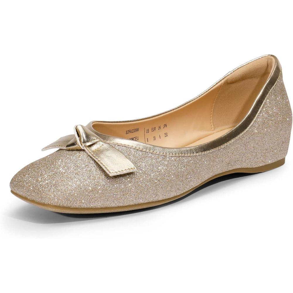 image:imageDREAM PAIRS Ballerines Femme Petit Talon Compens Bout Carr Confortable Chaussures lgantes pour Mariage Crmonie Soire ou BureauPaillettes D Or