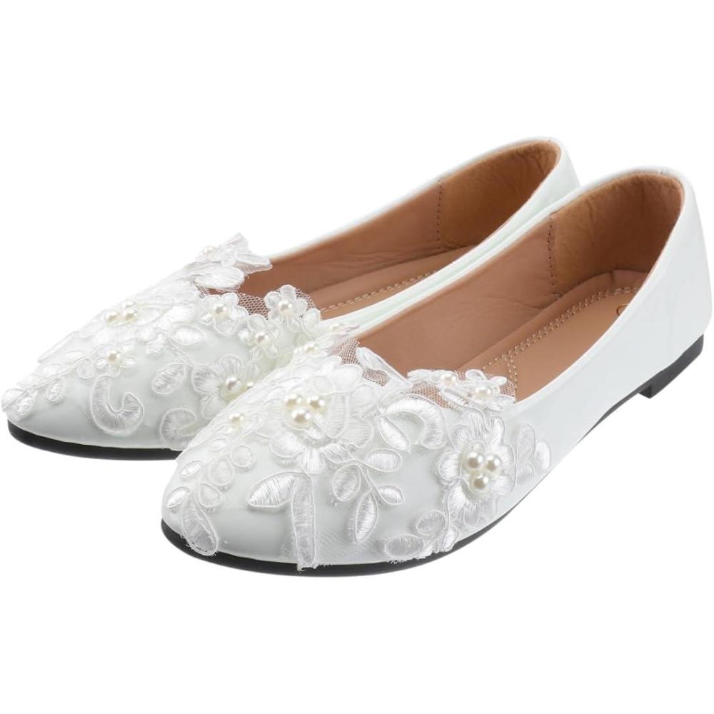 image:imageHealvian 1paire Chaussures De Mariage Plates pour Femmes Dentelle Et Perles Ballerines Blanches lgantes pour Crmonies Et Vie Quotidienne