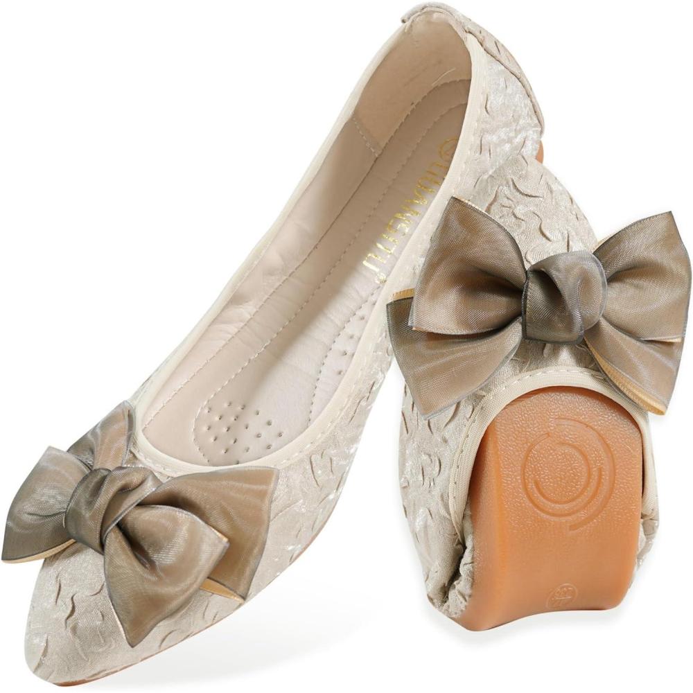 image:imageMACHSWON Ballerines plates scintillantes et confortables bout pointu avec nud papillon pour femmeAbricot 1