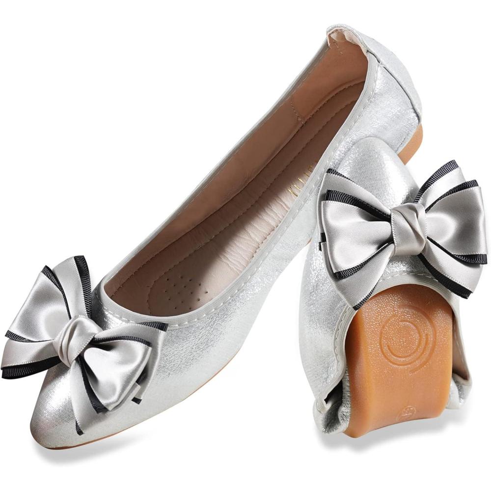 image:imageMACHSWON Ballerines plates scintillantes et confortables bout pointu avec nud papillon pour femmeArgent 05