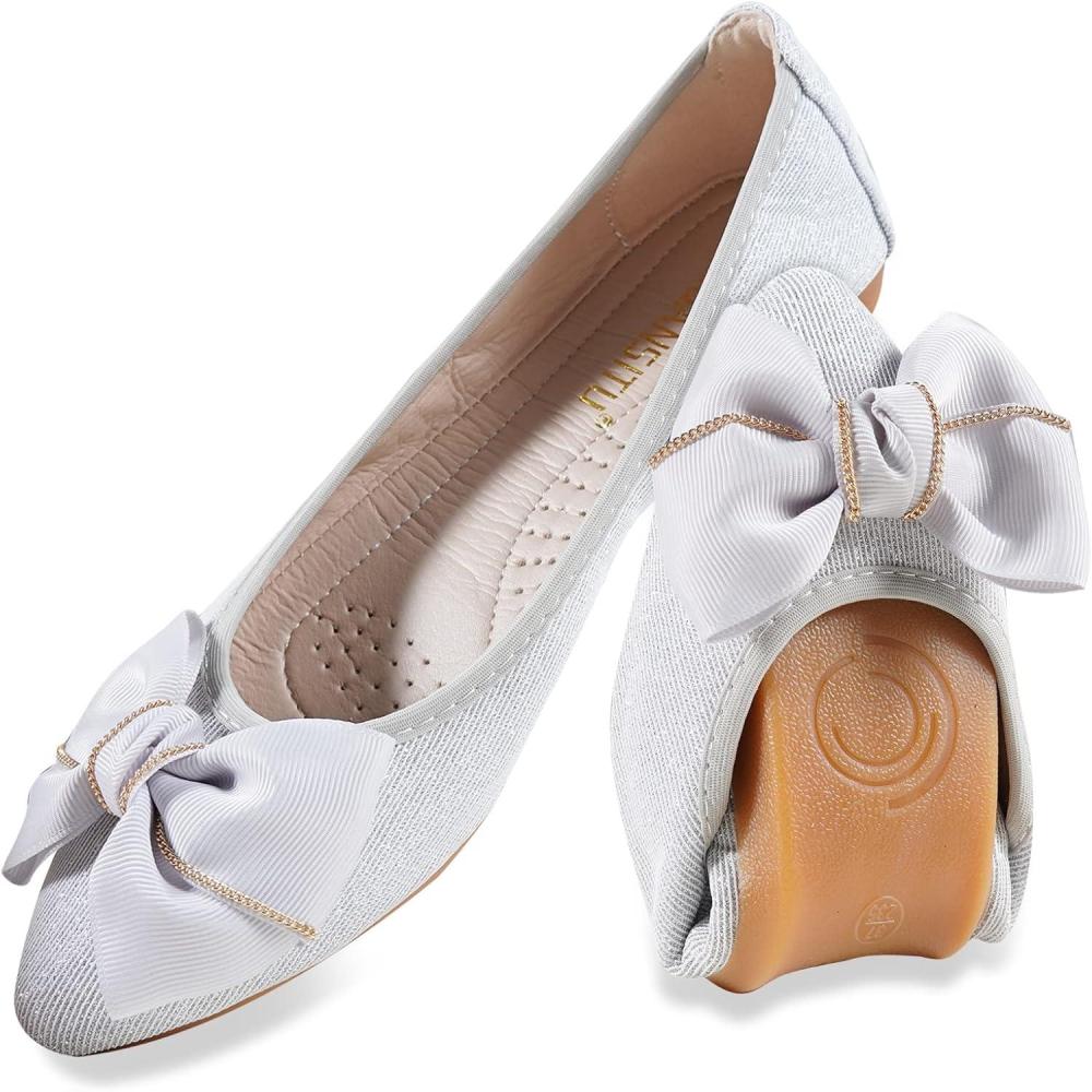 image:imageMACHSWON Ballerines plates scintillantes et confortables bout pointu avec nud papillon pour femmeArgent 6