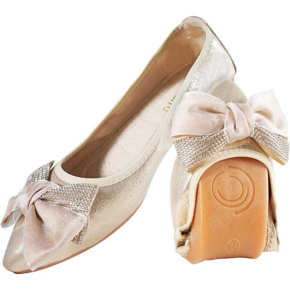 image:imageMACHSWON Ballerines plates scintillantes et confortables bout pointu avec nud papillon pour femmeGold01