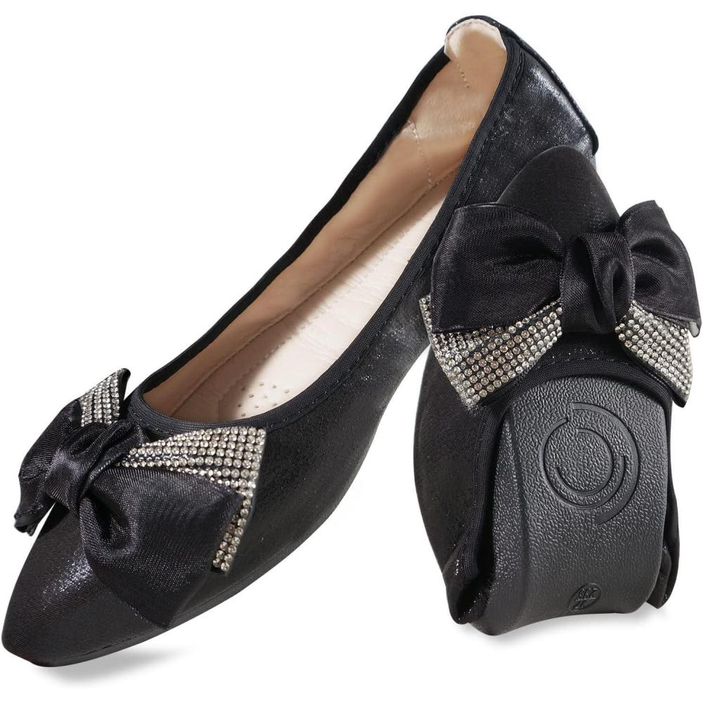 image:imageMACHSWON Ballerines plates scintillantes et confortables bout pointu avec nud papillon pour femmeNoir 01