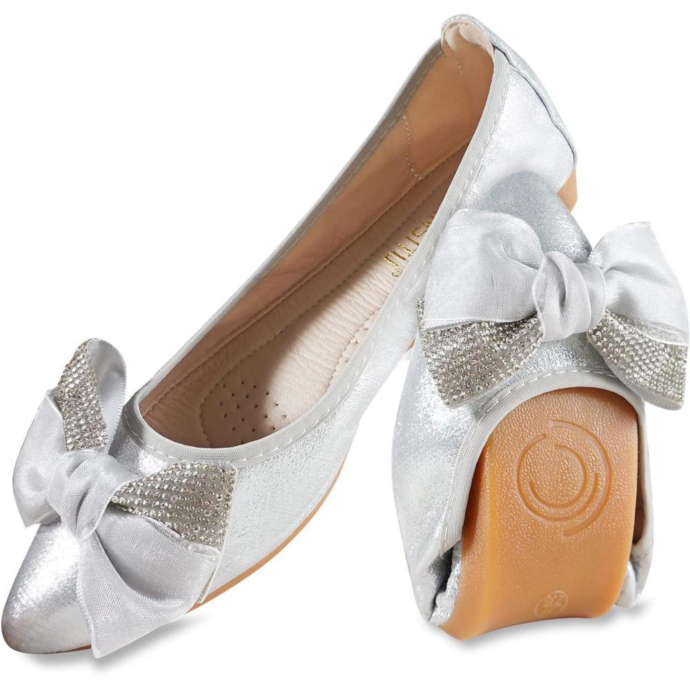 image:imageMACHSWON Ballerines plates scintillantes et confortables bout pointu avec nud papillon pour femmeSilver01