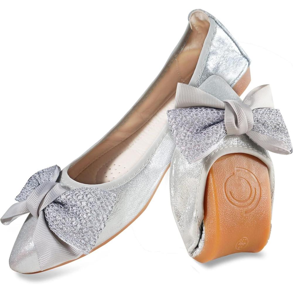 image:imageMACHSWON Ballerines plates scintillantes et confortables bout pointu avec nud papillon pour femmeSilver02